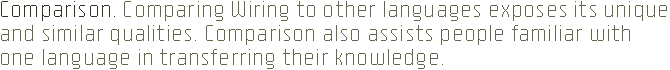 Comparison. Comparing Processing to other languages exposes its unique and similar qualities. Comparison also assists people familiar with one language in transferring their knowledge.